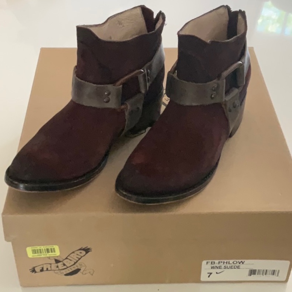 Freebird by Steven - Wine Suede Phlow Ankle Boots with Side Buckle